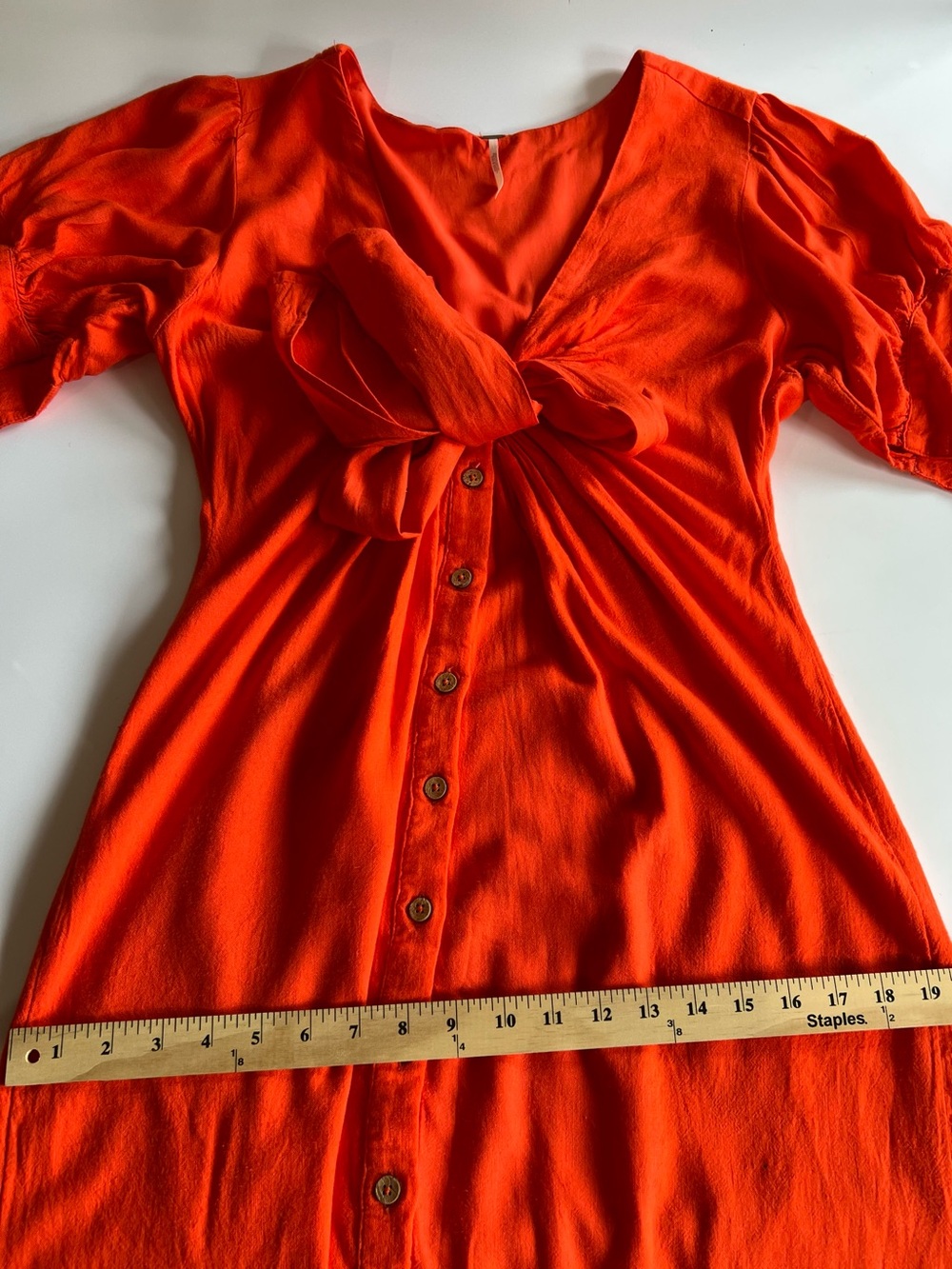 Free People Women's Tie Front V-Neck Bright Orange Linen Blend MIDI Dress Boho M - Picture 10 of 12